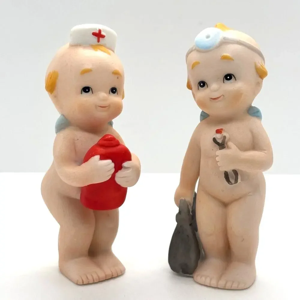 VTG 1970's Lefton Kewpie Doll Bisque Figurines, Doctor & Nurse Angels, 2.75